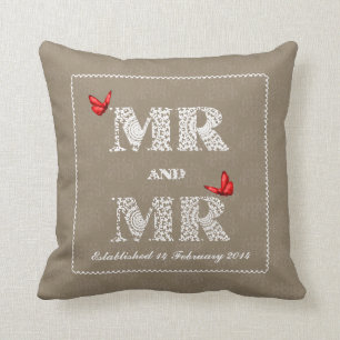 Mr and Mr White Lace Word Art Red Butterflies Cushion