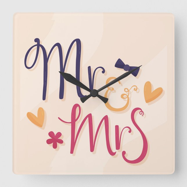 Mr. and Mrs. Acrylic Wall Clock (Square wall clock with the words "Mr. & Mrs" in a playful, cartoonish font.)