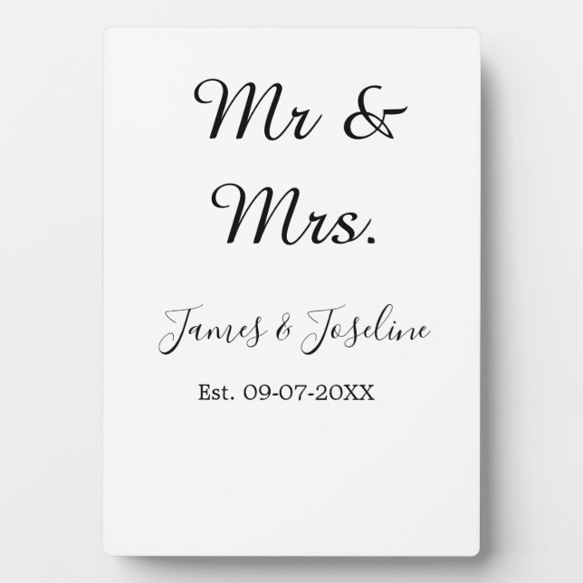 Mr and Mrs add name est. Date year wedding couple  Plaque (Front)