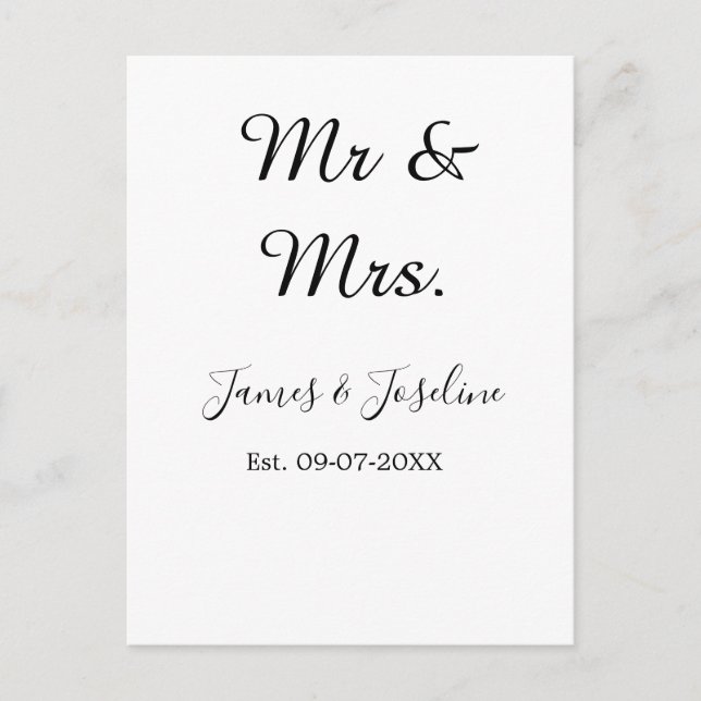 Mr and Mrs add name est. Date year wedding couple  Postcard (Front)