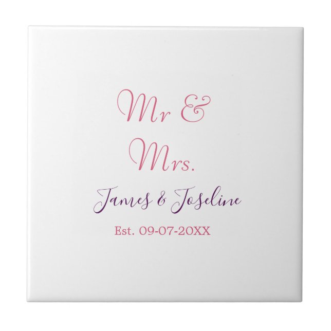Mr and Mrs add name est. Date year wedding couple  Tile (Front)