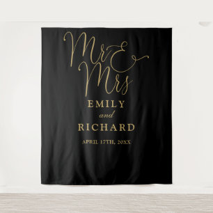 Mr And Mrs Black And Gold Wedding Photo Backdrop Tapestry