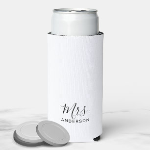 Mr and Mrs   Black and White Modern Script Can Coo Seltzer Can Cooler