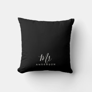 Mr and Mrs Black and White Modern Script Cushion