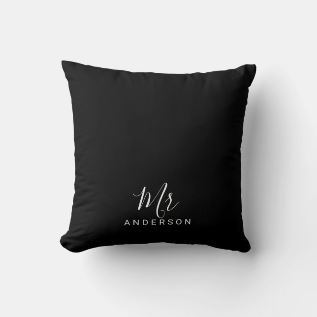 Mr and Mrs | Black and White Modern Script Cushion (Front)
