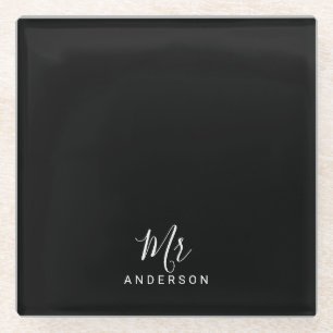 Mr and Mrs Black and White Modern Script Glass Coaster