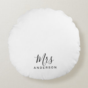 Mr and Mrs   Black and White Modern Script Round Cushion