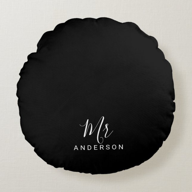 Mr and Mrs | Black and White Modern Script Round Cushion (Front)