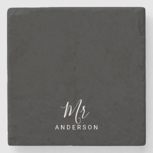 Mr and Mrs Black and White Modern Script Stone Coaster