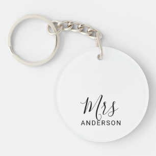 Mr and Mrs   Black and White Modern Script Wedding Key Ring