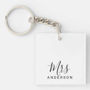 Mr and Mrs   Black and White Modern Script Wedding Key Ring