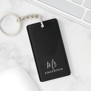 Mr and Mrs Black and White Modern Script Wedding Key Ring