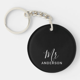 Mr and Mrs   Black and White Modern Script Wedding Key Ring