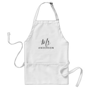 Mr and Mrs   Black and White Modern Script Wedding Standard Apron