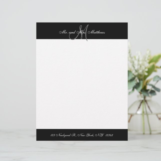 Mr and Mrs Black and White Monogram Newlyweds Custom Letterhead (Standing Front)
