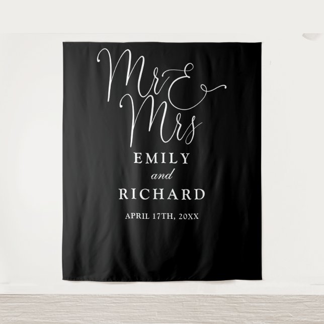 Mr And Mrs Black And White Wedding Photo Backdrop Tapestry (Front)