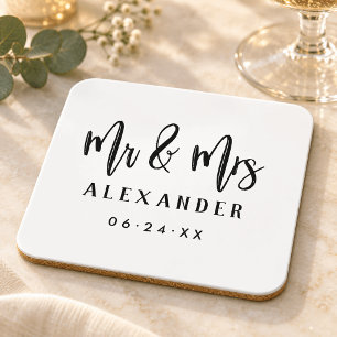Mr and Mrs Black Brushed Script Wedding Monogram Coaster