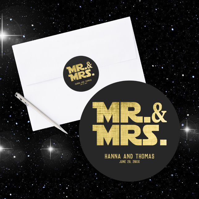 Mr and Mrs Black Gold Sci Fi Theme Wedding Classic Round Sticker (sci fi themed wedding sticker)