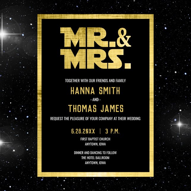 Mr and Mrs Black Gold Sci Fi Theme Wedding Invitation (Sci fi folded wedding invitation)