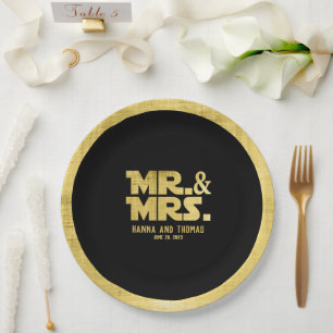 Mr and Mrs Black Gold Sci Fi Theme Wedding Paper Plate