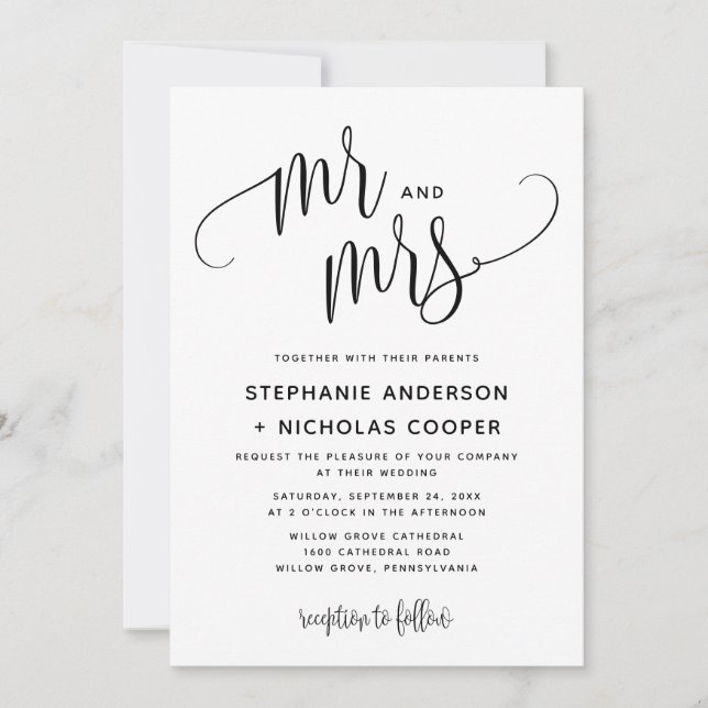 Mr and Mrs Black Lovely Script Typography Wedding Invitation (Front)