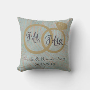 Mr and Mrs Blue and Copper Wedding Cushion