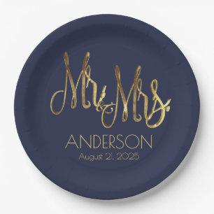 Mr. and Mrs. Blue and Gold Elegant Add Name Date Paper Plate