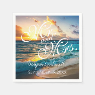 Mr and Mrs Blue Beach Wedding Name Date Napkins