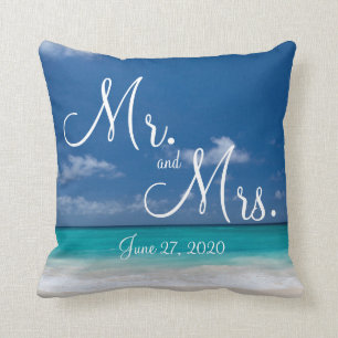 Mr. and Mrs. Blue Beach Wedding Pillows