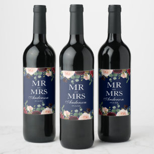 Mr. and Mrs. Blue Burgundy Floral Wedding Wine Label