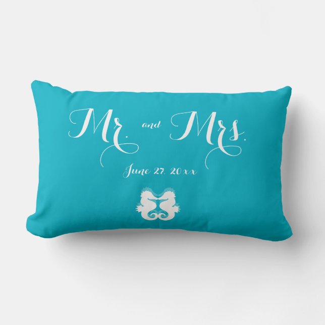 Mr. and Mrs. Blue White Seahorse Wedding Pillows (Front)