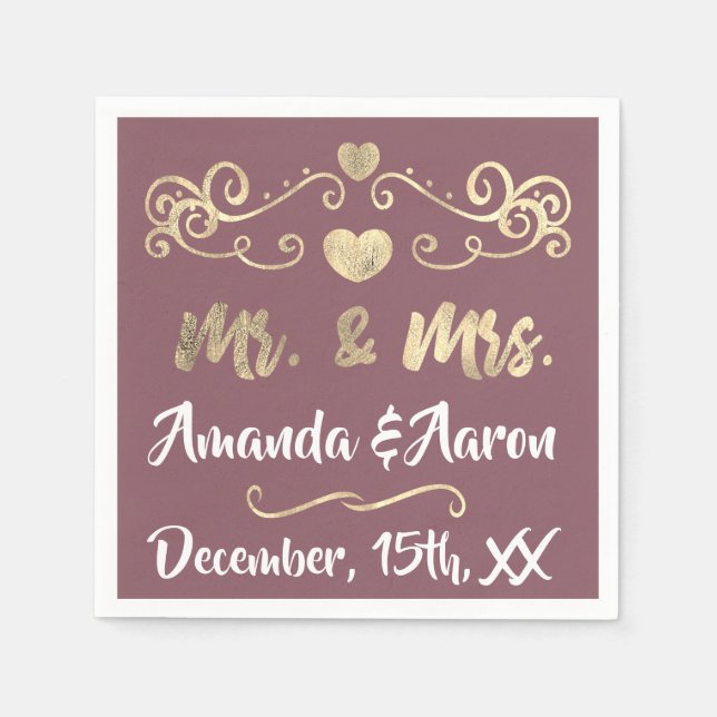 Mr. and Mrs. Blush Mauve White Hearts Name Golden Napkin (Front)