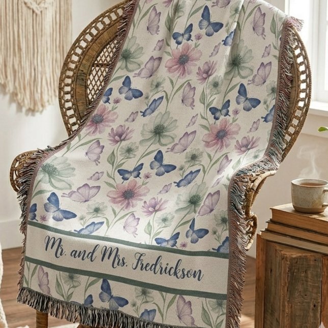Mr and Mrs Boho Botanical Floral Throw Blanket (Cozy boho butterfly throw blanket, perfect for the newlyweds' cozy first home.)