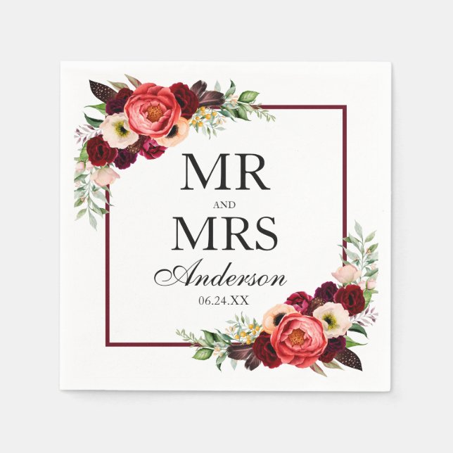 Mr. and Mrs. Boho Burgundy Floral Wedding Napkin (Front)