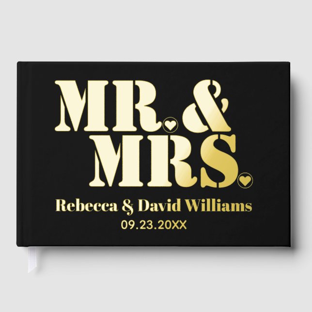 Mr. and Mrs. bold typography black photo wedding Guest Book (Front)