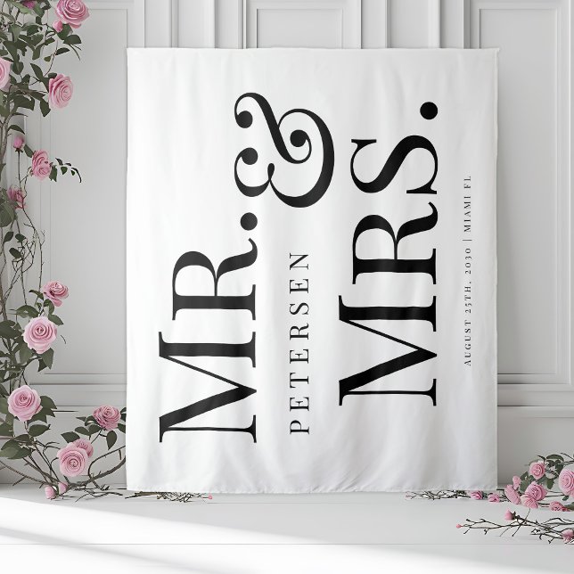 Mr and Mrs bold typography white wedding backdrop Tapestry (Creator Uploaded)