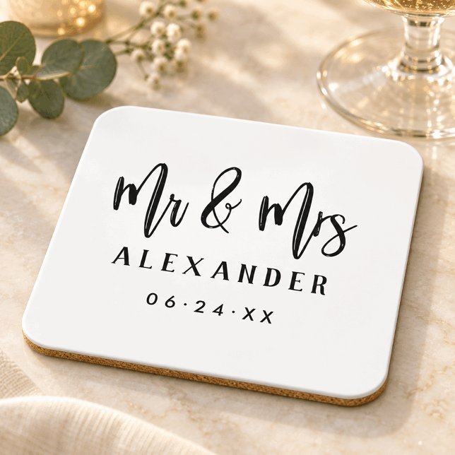 Mr and Mrs Brushed Script Wedding Date Coaster (Creator Uploaded)
