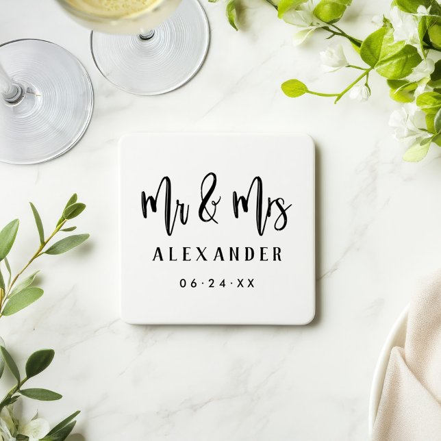 Mr and Mrs Brushed Script Wedding Date Coaster (Creator Uploaded)