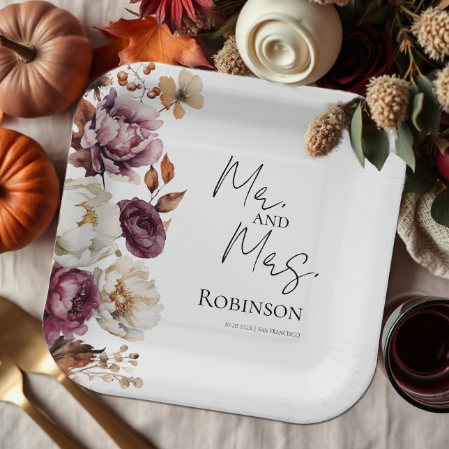 Mr. and Mrs. | Burgundy Floral Autumn Wedding Paper Plate (Creator Uploaded)