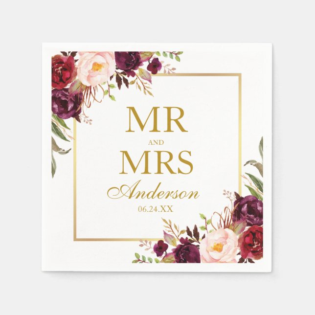 Mr. and Mrs. Burgundy Floral Gold Wedding Napkin (Front)