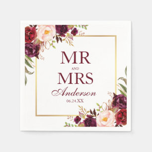 Mr. and Mrs. Burgundy Floral Wedding Napkin