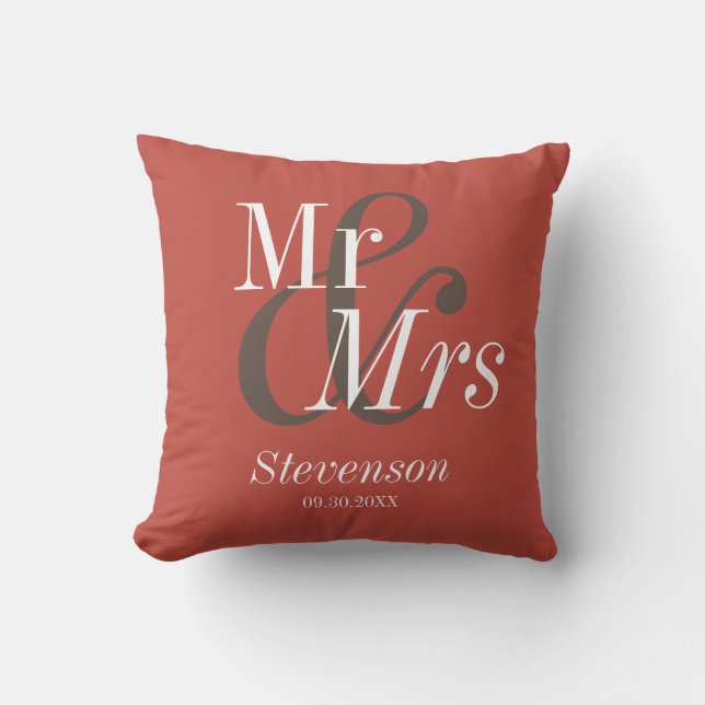 Mr and Mrs  Burnt Orange Modern Wedding Gift Cushion (Front)
