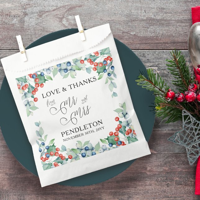 Mr and Mrs Calligraphy Winter Wedding Favour Bags (Mr and Mrs winter wedding favor bags with elegant calligraphy and holly)