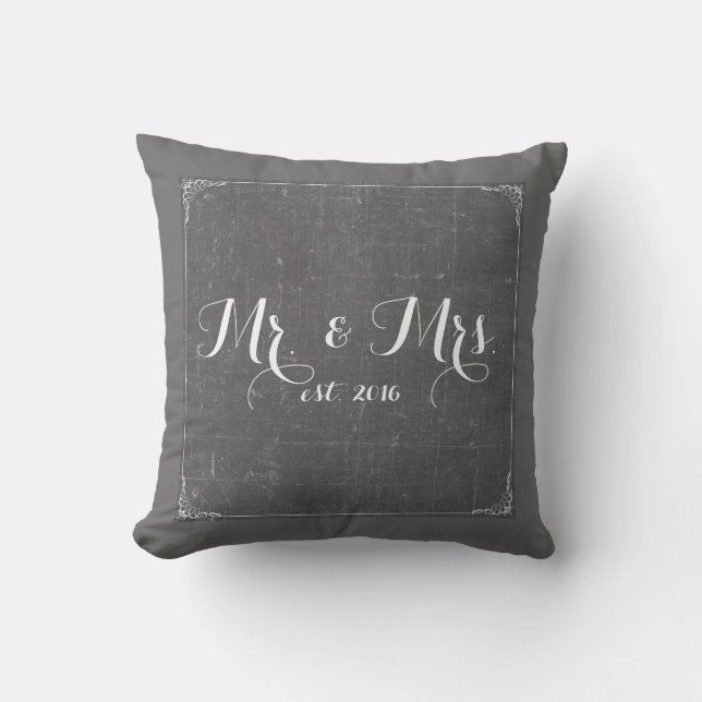Mr. and Mrs. Charcoal Grey Chalkboard Pillow (Front)