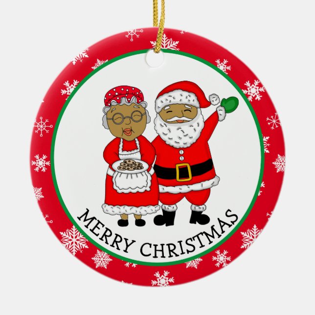 Mr and Mrs Claus, African-American Santa Christmas Ceramic Tree Decoration (Front)