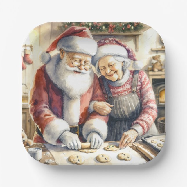 Mr and Mrs Claus Baking Cookies Custom Christmas Paper Plate (Front)