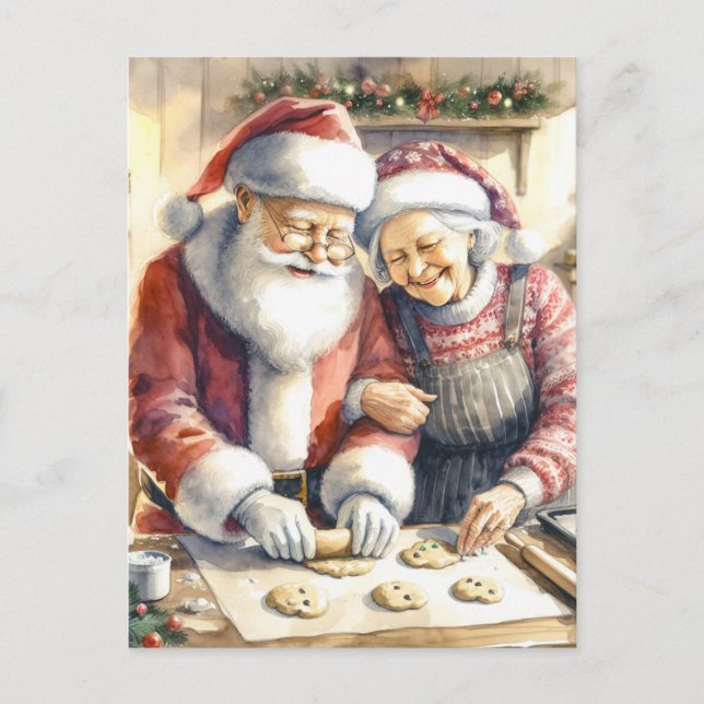 Mr and Mrs Claus Baking Cookies Custom Christmas Postcard (Front)