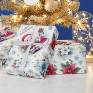Mr. and Mrs. Claus, Rudolph, Poinsettias and Holly Wrapping Paper