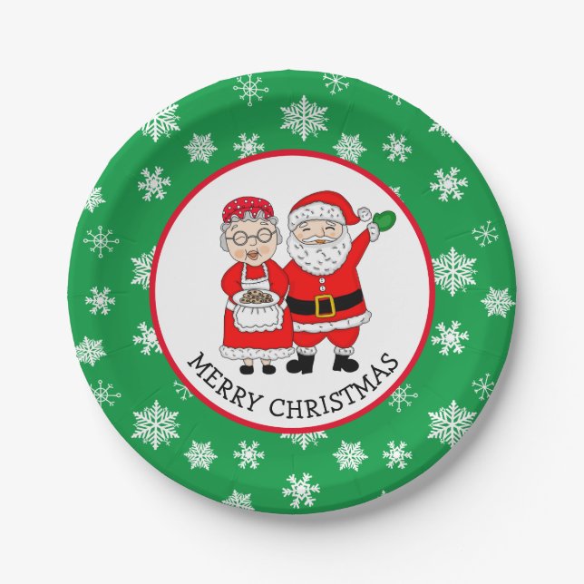 Mr and Mrs Claus, Santa Merry Christmas   Paper Plate (Front)