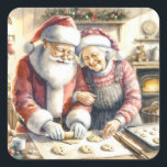 Mr and Mrs Clause Cute Christmas Square Sticker<br><div class="desc">Sweet vintage Mr and Mrs Santa Claus baking cookies in the kitchen. Cute ai art that gives you that nostalgic Christmas vibe.</div>